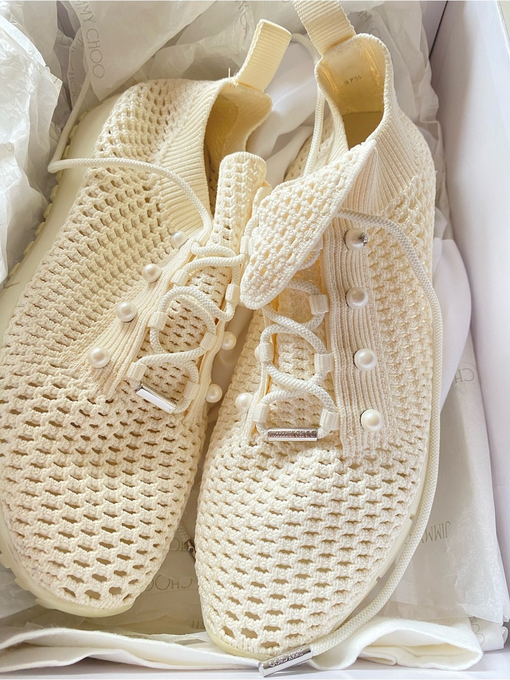 $895 Jimmy Choo Veles Crochet-Knit Sneakers in Latte in 37.5/7.5